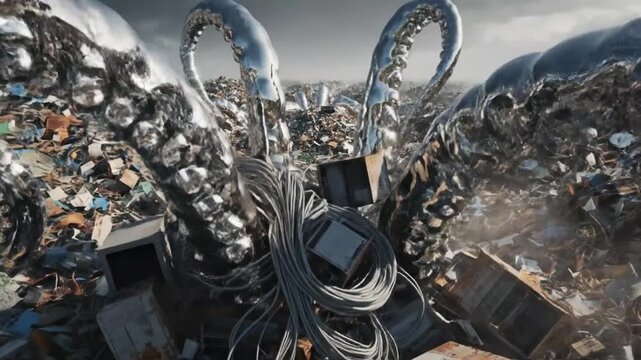 Electronic waste sprawls across a vast landfill, surrounded by twisted metal tentacles, captured from a high vantage point.
