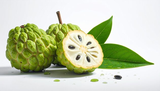 Fresh Sugar Apple Fruits with Leaves and Water Drops on White Background