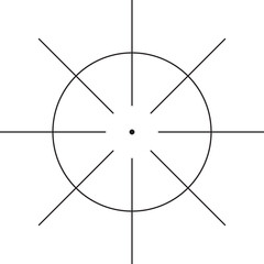 A black and white compass icon. A gunsight