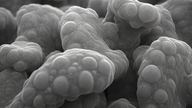 Macro view of gray organic tissue with bumpy textures. Realistic movement of biological mass resembling cells, bacteria, or skin surface