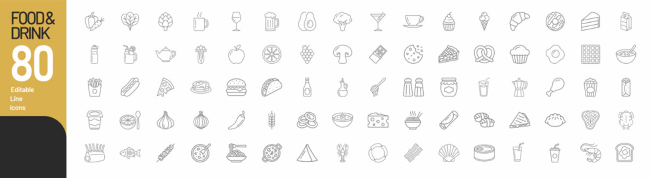 80 Food and Drink Line Icons Set Editable Strokes Collection of Meal Ingredient and Beverage Outline Symbols