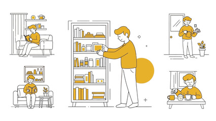 Man organizing bookshelf and engaging in various home activities. © Hadi