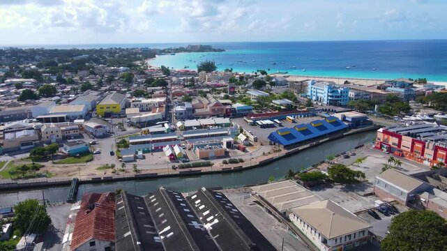 Bridgetown aerial view including Careenage (Constitution River), Parliament building and St. Michael's Cathedral in downtown Bridgetown, Barbados. Historic Bridgetown and its Garrison is a UNESCO Worl