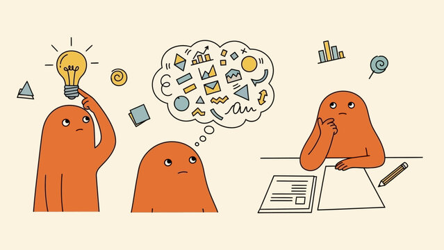 Orange blob characters brainstorming and having ideas.