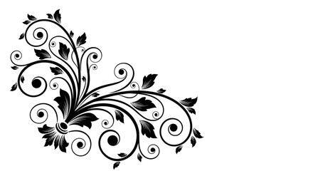 Bold Black Intricate Floral Corner Ornament Isolated White Background