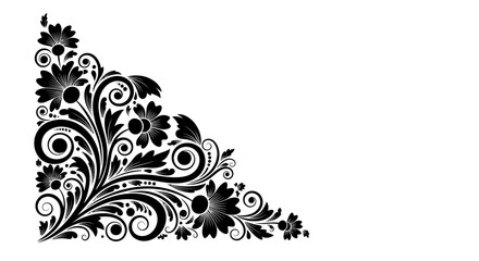 Dense Black Traditional Floral Corner Decoration Isolated White Background © paijo