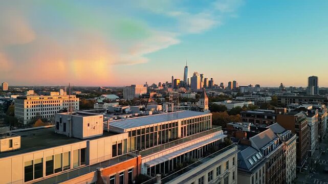 Elevated city skyline at sunset, modern highrises and historic rooftops in warm light, urban travel backdrop for tourism and business, calm golden hour mood