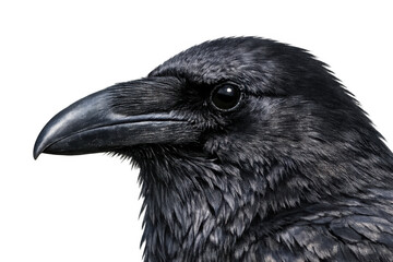 Naklejka premium Raven head profile with detailed black feathers, intelligent eye, and beak on transparent background