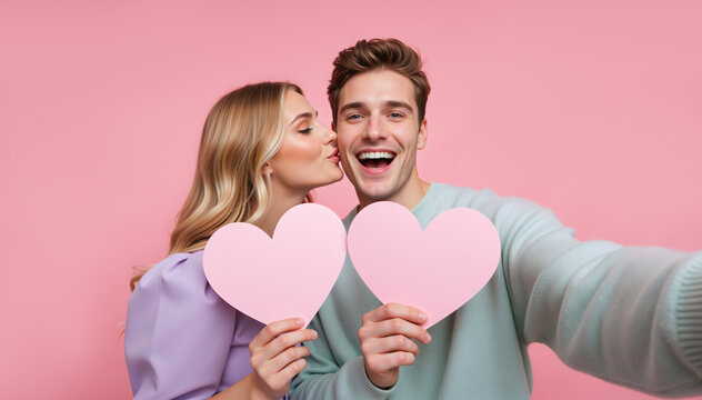 Young couple taking selfie with paper hearts. Woman kissing man on cheek. Valentine's Day self portrait concept