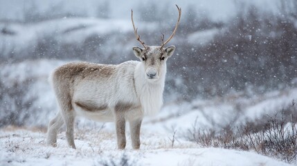 Majestic Reindeer Standing in Snowy Landscape During Winter Snowfall with Soft Focus Background