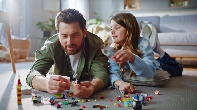 Father daughter playing on apartment floor closeup. Girl showing figure