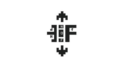 Obraz premium Abstract black pixel art symbol with stylized letters HOFJ, symmetrical geometric design, retro digital aesthetic illustration