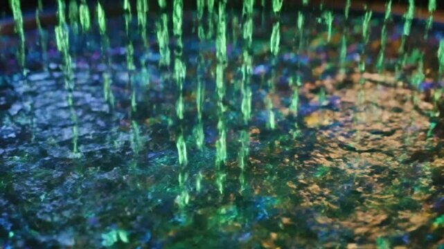 Waterfall cascading down a rocky surface with green and blue hues, captured from a close-up viewpoint, showcasing the motion and texture.