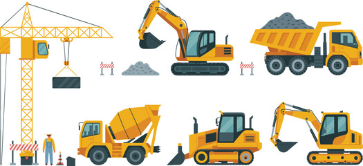 Construction machinery set vector illustration featuring crane excavator bulldozer dump truck concrete mixer heavy equipment industrial development infrastructure engineering site © Vector's World