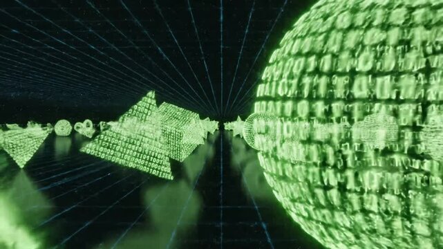 A vast digital landscape with a huge green sphere surrounded by flying binary codes and geometric shapes in a futuristic environment