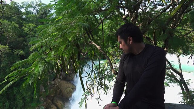 Exploring Cascada del Meco in Huasteca Potosina, San Luis Potosi, Mexico with lush tropical vegetation