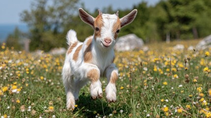 Obraz premium Playful Young Goat Running Through a Colorful Flower Field on a Sunny Day