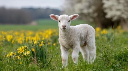 Fototapeta premium Cute Young Sheep Lamb in Green Field Surrounded by Yellow Flowers in a Natural Spring Landscape