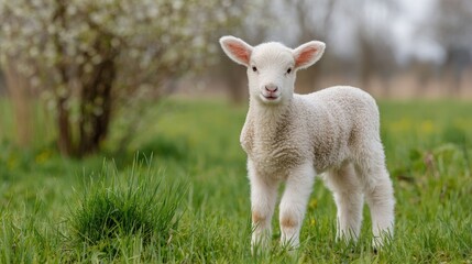 Obraz premium Adorable Young Lamb Standing in Green Pasture Near Blooming Tree on a Clear Spring Day