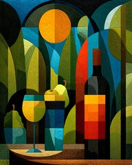 Image of Abstract geometric wine bottles and glasses, cubist illustration printed on Printed Glass Splashbacks