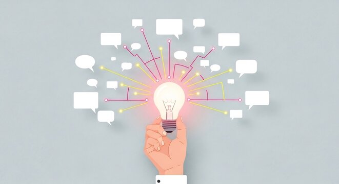 creative idea generation with interconnected speech bubbles and light bulb