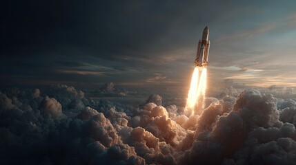 A rocket launches, blasting upwards through dense clouds against a dramatic sky backdrop