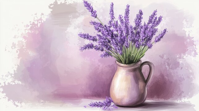 A detailed watercolor painting of a vibrant lavender bouquet arranged in a ceramic jug on a soft pastel background.