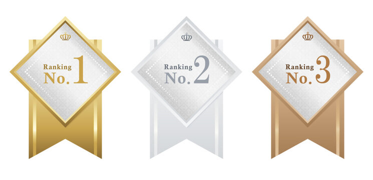 ランキングNo.1・No.2・No.3 王冠付きひし形リボンバッジ 金銀銅ベクター素材