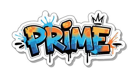 Obraz premium Vibrant graffiti style text PRIME with colorful splatters and crown