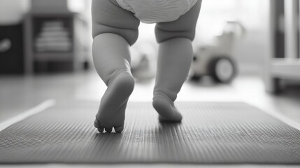 Obraz premium A baby taking first steps on a mat indoors.