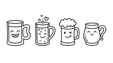 beer mug , 4 cute black Hand drawn line art cartoon vector, white background. PNG and SVG