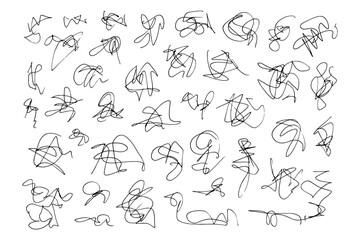 Set of hand drawn scribble pen black line. Sloppy hatching, highlighter for trend modern design. Scratch texture sketchy graphic design element. Template vector illustration ballpoint round swirl.