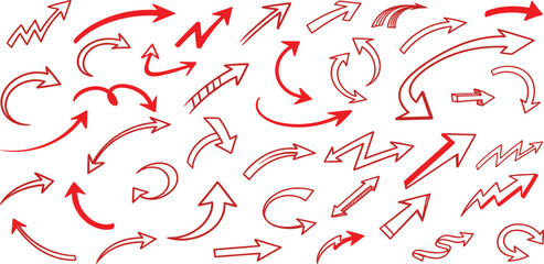 Collection of various red arrows pointing in different directions on a white background viewed from directly above