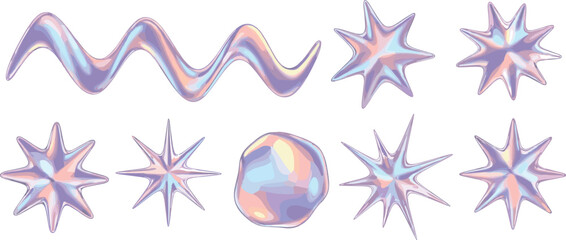 A collection of holographic stars and shapes in a minimalist composition on a plain background from a direct viewpoint