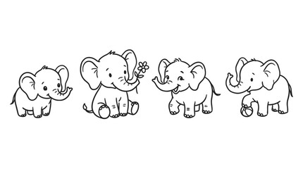 elephant , 4 cute black Hand drawn line art cartoon vector, white background. PNG and SVG