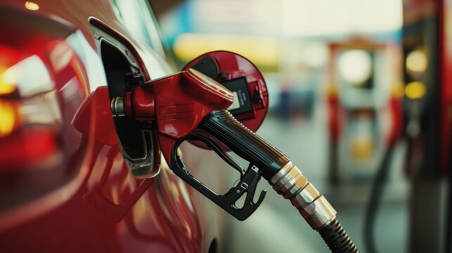 A red car is being filled with gasoline through its tank opening.