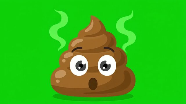 A surprised brown poop emoji character steaming in a funny 2d illustration on a bright green chroma key background.