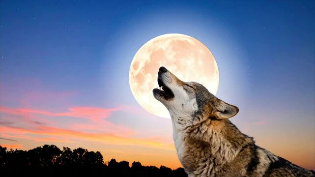 A wolf howls at the full moon in a twilight sky. Silhouetted trees in the foreground