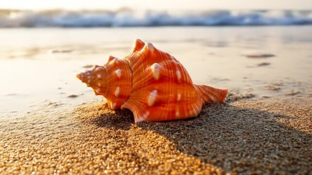 Beautiful orange seashell on a sandy beach with ocean waves at sunset closeup shot.