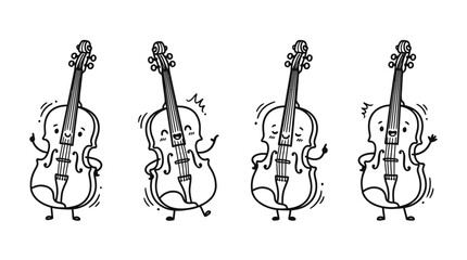 Fototapeta premium violin , 4 cute black Hand drawn line art cartoon vector, white background. PNG and SVG