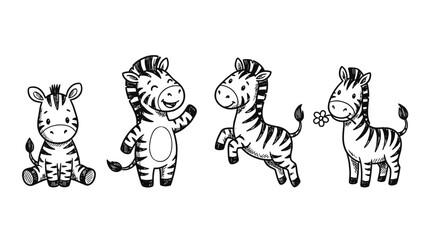 Fototapeta premium zebra , 4 cute black Hand drawn line art cartoon vector, white background. PNG and SVG
