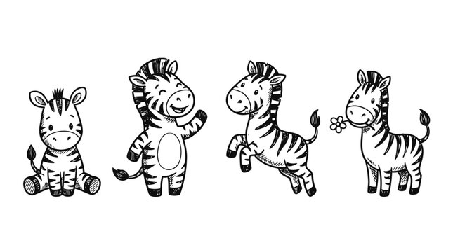 zebra , 4 cute black Hand drawn line art cartoon vector, white background. PNG and SVG