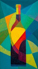 Modern abstract cubist still life conveying ethical winemaking values with layered geometry and natural motifs