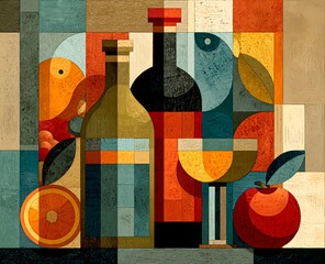 Artistic cubist composition symbolizing sustainable viticulture through structured color blocks and organic forms
