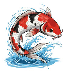 Vibrant Red White Black Koi Fish Leaping Through Water Waves Illustration Transparent Background