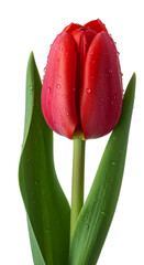 Vibrant Red Tulip with Dew Drops and Green Leaves Realistic Photo