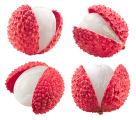 Lychee isolated set. A collection of lychee fruits on a transparent background, from different angles.