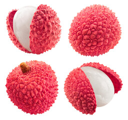 Lychee isolated set. A collection of lychee fruits on a transparent background, from different angles.	
