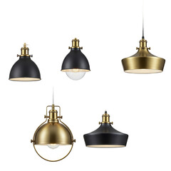 Vintage Brass and Black Pendant Lights with Warm Glow Isolated