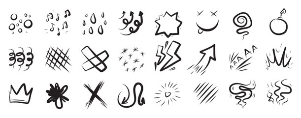 Hand drawn comic effect manga elements set. Cartoon doodle anime icons with arrows, bubbles, sparks, lightning, hearts and motion lines. Vector brush sketch expressive emoji, speech, speed decoration